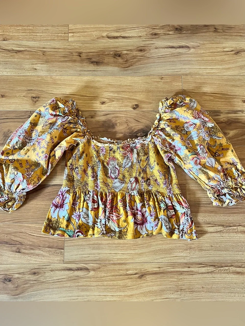 Anthropolgie Smocked Sweetheart Floral Blouse Large
